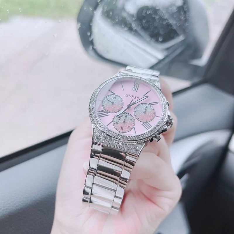 ผ่อน0-นาฬิกาสแตนเลส-สีเงิน-guess-stainless-steel-pink-bracelet-watch-u1232l1-หน้าปัดกลม-สีชมพู-40-มม-ล้อมคริสตัล
