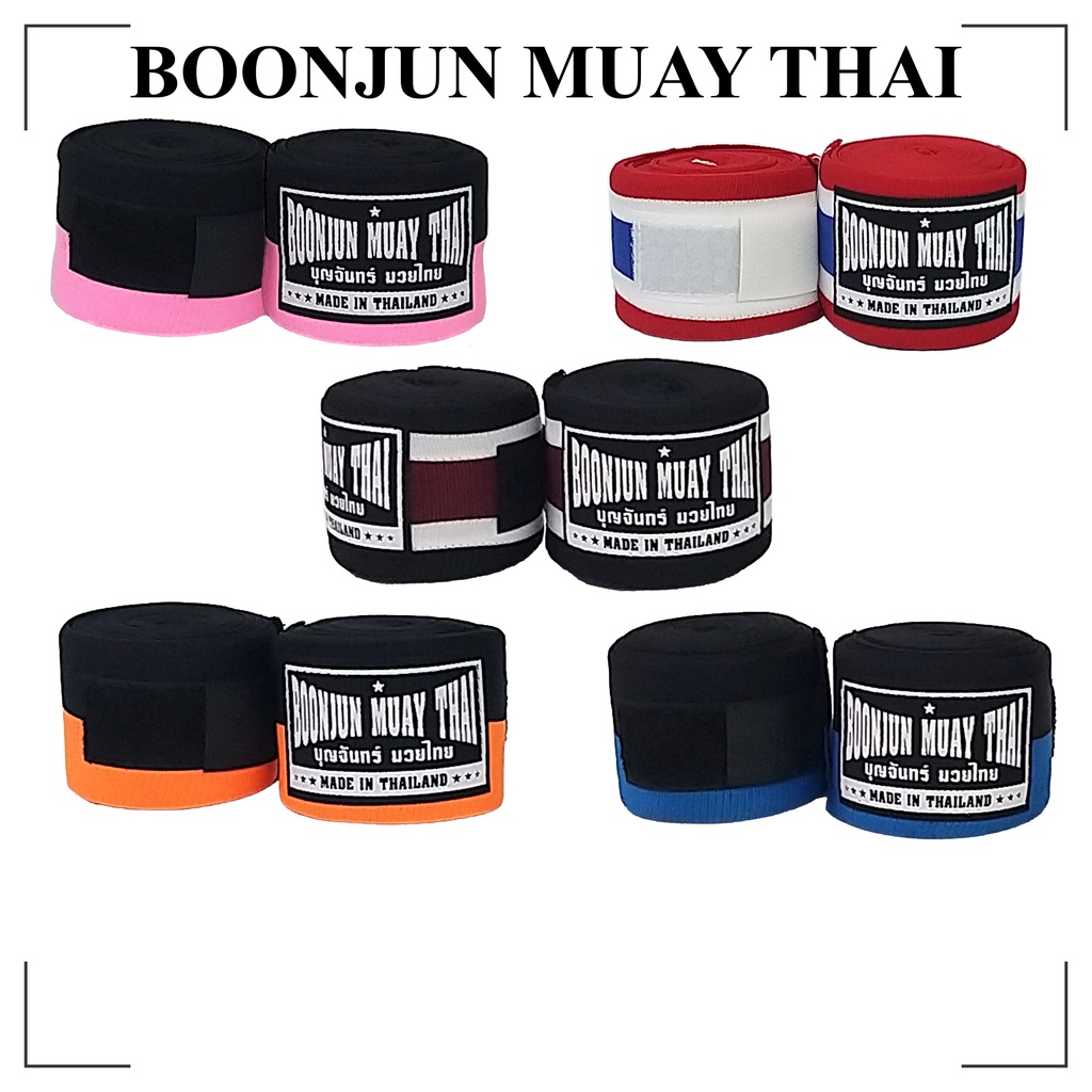 ภาพหน้าปกสินค้าผ้าพันมือนักชกมวย Boonjun Muay Thai Elastic Cotton Hand wraps (Pair) 180 inch For UNISEX ผ้ายืดพันมือ สำหรับ ชกมวย (คู่)