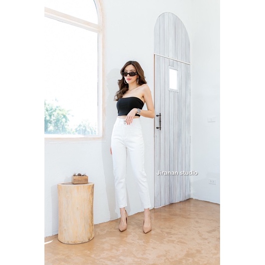 กางเกงยีนส์ขาวทรงกระบอกเล็ก-ผ้าผสมยืด-เอวสูง-jiranan-studio-รุ่น-51182