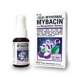 สินค้า Myherbal Mybacin Oral Spray With Mangosteen มายบาซิน สเปรย์พ่นคอ บรรเทาอาการไอ แผลในปาก ระงับกลิ่นปาก ขนาด 15 ml 01094