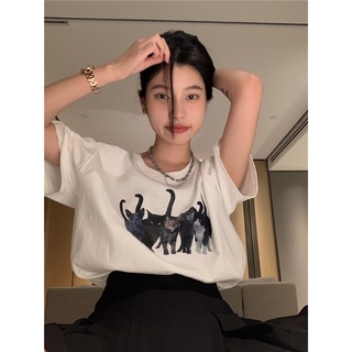50423 เสื้อยืดคอกลม แขนสั้น ผ้าฝ้ายแท้ พิมพ์ลายลูกแมวน่ารัก ใส่สบาย