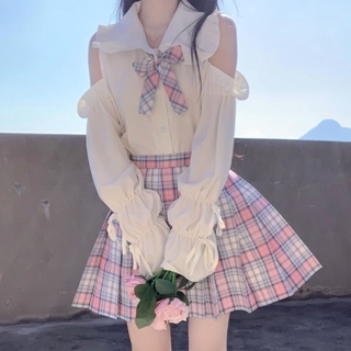 🔥Hot sale~ ฤดูใบไม้ร่วงญี่ปุ่นแขนยาวคอตุ๊กตาเสื้อเชิ้ตสีขาวนักเรียนหญิงนุ่มสาวโลลิต้ากับเกาะอกหลวมด้านบน
