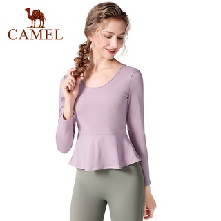 Camel เสื้อผ้าโยคะ ผู้หญิง แขนยาว ระดับไฮเอนด์ หรูหรา เสื้อผ้าออกกําลังกาย พร้อมแผ่นรองหน้าอก เสื้อยืดคอวี