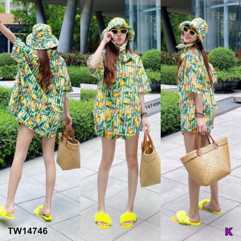 ชุดเซ็ท-เสื้อเชิ้ต-แขนสั้น-กางเกงขาสั้น-หมวก-ลายส้ม-สีดำ-เขียว-แดง-cl5-422-tw14746