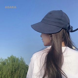 Asaka หมวกบักเก็ต ผ้าฝ้าย ประดับโบว์ สามารถปรับได้ เหมาะกับเดินชายหาดกลางแจ้ง แฟชั่นฤดูใบไม้ผลิ และฤดูร้อน สําหรับผู้หญิง