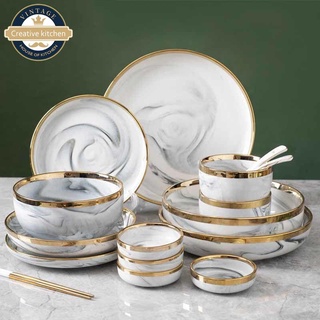 🔥[จัดส่งฟรี]-จานเซรามิก ชามเซรามิก จานลายหินอ่อนขอบทอง [Gold Marble series’s] เครื่องใช้บนโต๊ะอาหารหรูหราสไตล์นอร์ดิก
