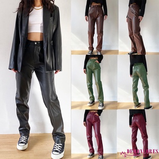 DEMQ-Women’s Straight Casual Fashion Solid Color PU Leather Long Pants