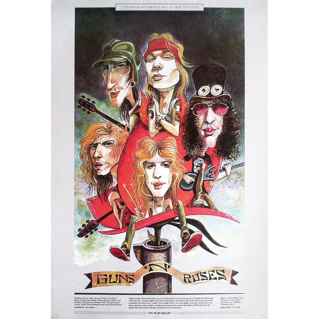 โปสเตอร์-รูปวาด-การ์ตูนล้อเลียน-วง-ดนตรี-ร็อค-guns-n-roses-1985-poster-24-x35-inch-american-hard-rock-heavy-metal-v2