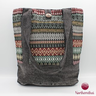 กระเป๋าผ้าลายพื้นเมือง กระเป๋าลดโลกร้อน Tote Bags เนื้อผ้าคอตตอน 100% สีดำ, เหลือง งานแฮนด์เมด คุณภาพดี Northernthai