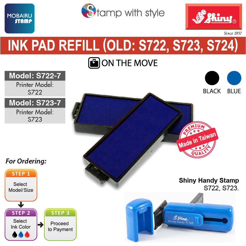 แผ่นหมึกเติมหมึก-สําหรับตรายางหมึกในตัว-แสตมป์เงางาม-old-s722-s723-s724-สีดํา-และสีน้ําเงิน