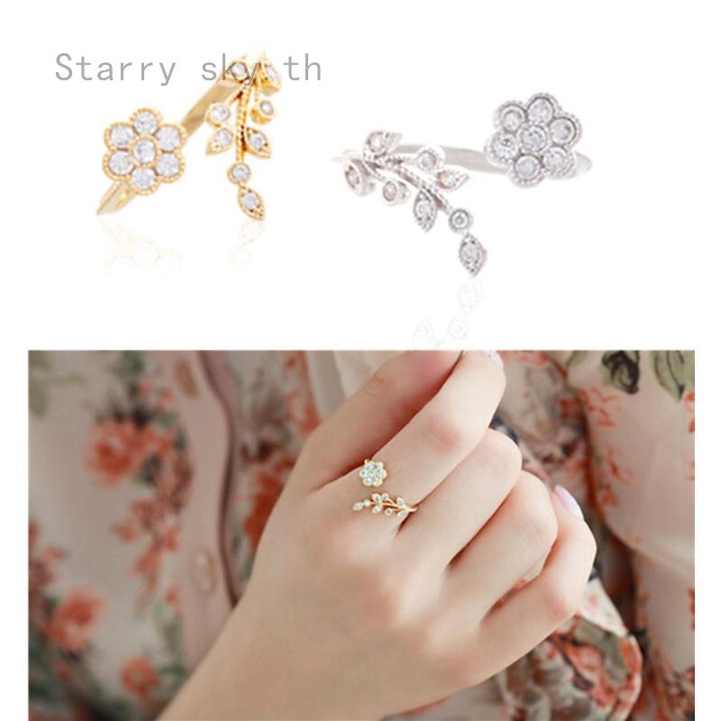 New Twisted Leaves Open Crystal Flower Ring Adjustable Exquisite Party Jewelry