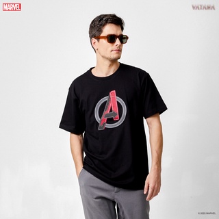 VATANA - เสื้อยืดแขนสั้น สีดำ พิมพ์ลาย Avengers Logo Leather
