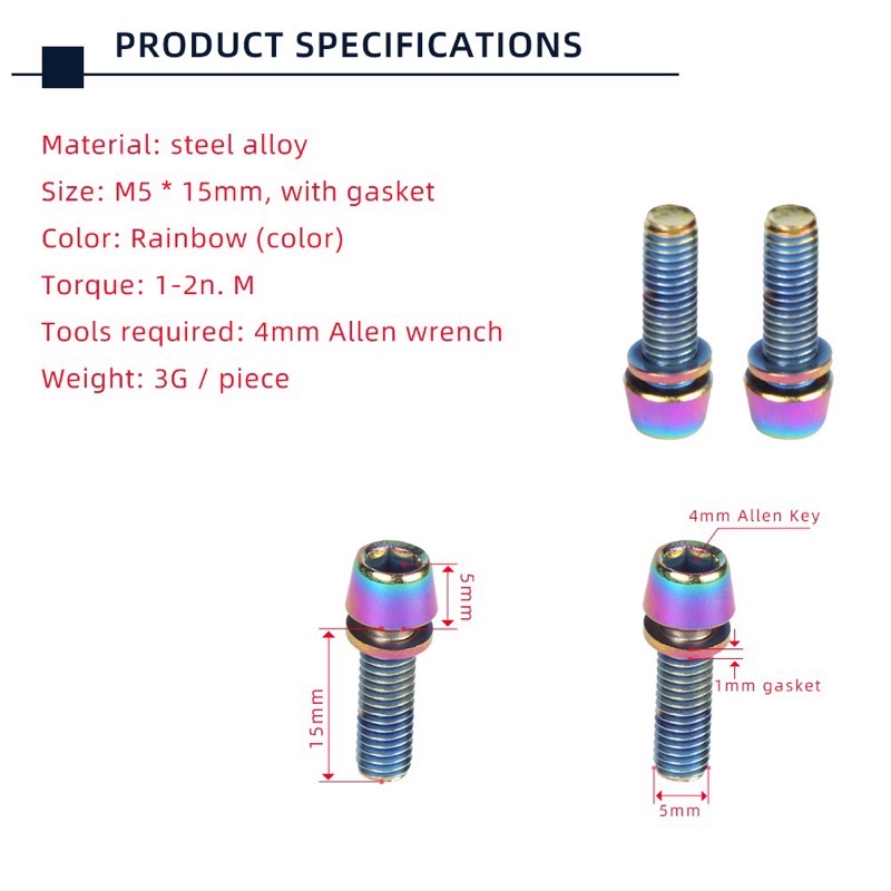 สกรู-m5-น็อต-สเต็ม-จักรยาน-น็อตสเต็ม-stem-screws-สีรุ้ง-น๊อต-นอต-แฮนด์-จักรยาน-น็อตสี-น็อตสแตนเลส-ขวด-แต่ง-รถจักรยาน