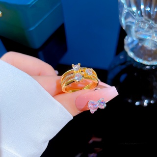 สร้อยข้อมือ แหวนชุบทองแท้ ประดับเพชร สามชั้น ปรับได้ สไตล์ญี่ปุ่น หรูหรา เรียบง่าย เครื่องประดับ สําหรับผู้หญิง