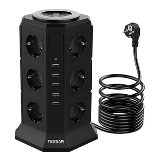 TESSAN Tower Power Strip Multiple Sockets with 12 Outlets &amp;amp; 5 USB Ports Switch EU Plug Extension Socket 2M Cable for