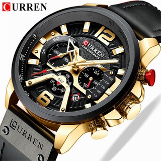 สินค้า CURREN นาฬิกาข้อมือผู้ชายสุดหรูแฟชั่นนาฬิกาควอตซ์ผู้ชายหนังสบาย ๆ กีฬากันน้ำโครโนกราฟนาฬิกาเรียบง่าย