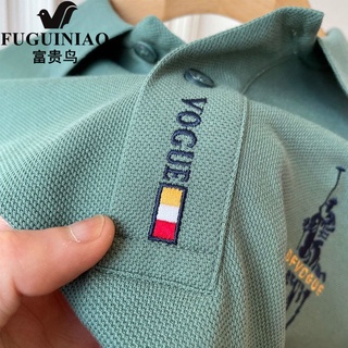 jcFuguiniao เสื้อโปโลผู้ชายแท้ ปักลาย ปกหลวม เสื้อยืดแขนสั้นสีเขียวกลางชาย เทรนด์