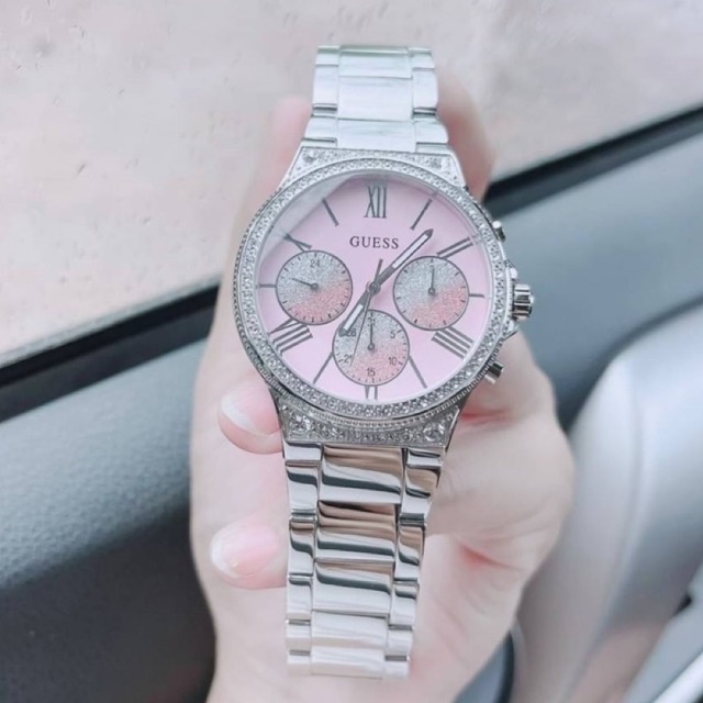 ผ่อน0-นาฬิกาสแตนเลส-สีเงิน-guess-stainless-steel-pink-bracelet-watch-u1232l1-หน้าปัดกลม-สีชมพู-40-มม-ล้อมคริสตัล