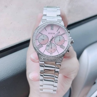 (ผ่อน0%) นาฬิกาสแตนเลส สีเงิน GUESS Stainless Steel + Pink Bracelet Watch U1232L1 หน้าปัดกลม สีชมพู  40 มม. ล้อมคริสตัล