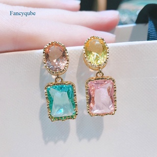 Fancyqube เครื่องประดับต่างหูเพทายทรงสี่เหลี่ยมสี่เหลี่ยมสีทองน่ารัก