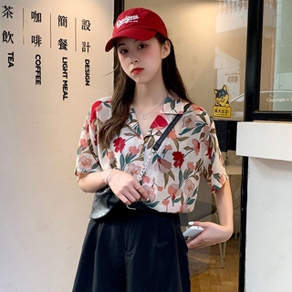 วินเทจลายดอกไม้พิมพ์วันหยุดเสื้อฤดูร้อนใหม่สไตล์เกาหลีสูทคอปกแขนสั้นลายดอกไม้เสื้อชีฟองสำหรับผู้หญิง