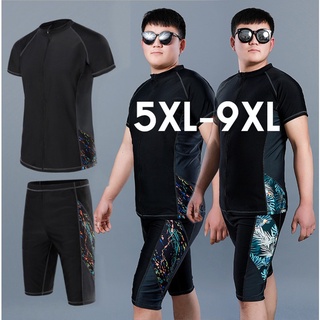 ชุดว่ายน้ำชายไซส์ใหญ่ 2XL-9XL เสื้อ+กางเกง สีดำ ลายจุด , ลายใบไม้