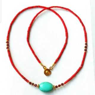 Sale! สร้อยคอหินปะการัง สร้อยคอจี้เทอร์คอยส์ Natural Coral Beads Necklace with Turquoise Pendant