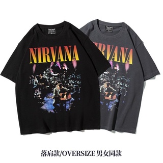 เสื้อยืดโอเวอร์ไซส์93 New York Unplugged Nirvana American Falling Shoulder Heavy Loose Rock Five-point Sleeve Oversize S