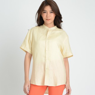 C&amp;D LINEN BLOUSE เสื้อซีแอนด์ดี เสื้อไม่มีปก คอตั้ง แขนสั้น ผ้าลินิน สีเบจ (CM2SBE)