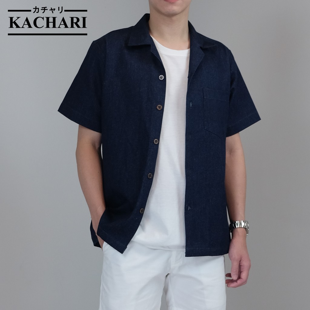 kachari-denim-เสื้อยีนส์-เสื้อเดนิม-เสื้อเชิ้ตสีพื้น-คอเปิด-ผ้ายีนส์ญี่ปุ่น-หนา-10-ออนซ์-สีกรม