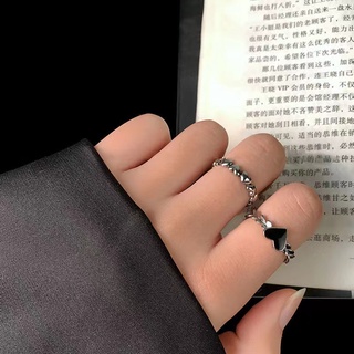 [YY] ชุดแหวนคู่รัก รูปหัวใจ เปิดปรับได้ สองชิ้น สไตล์เรโทร สีดํา