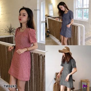 &lt;TW8241&gt;Dress เดรสคอเหลี่ยมแขนสั้น ผ้าทอลายสก็อต งานน่ารัก สวย ทรงสอบ มีซิปหลัง
