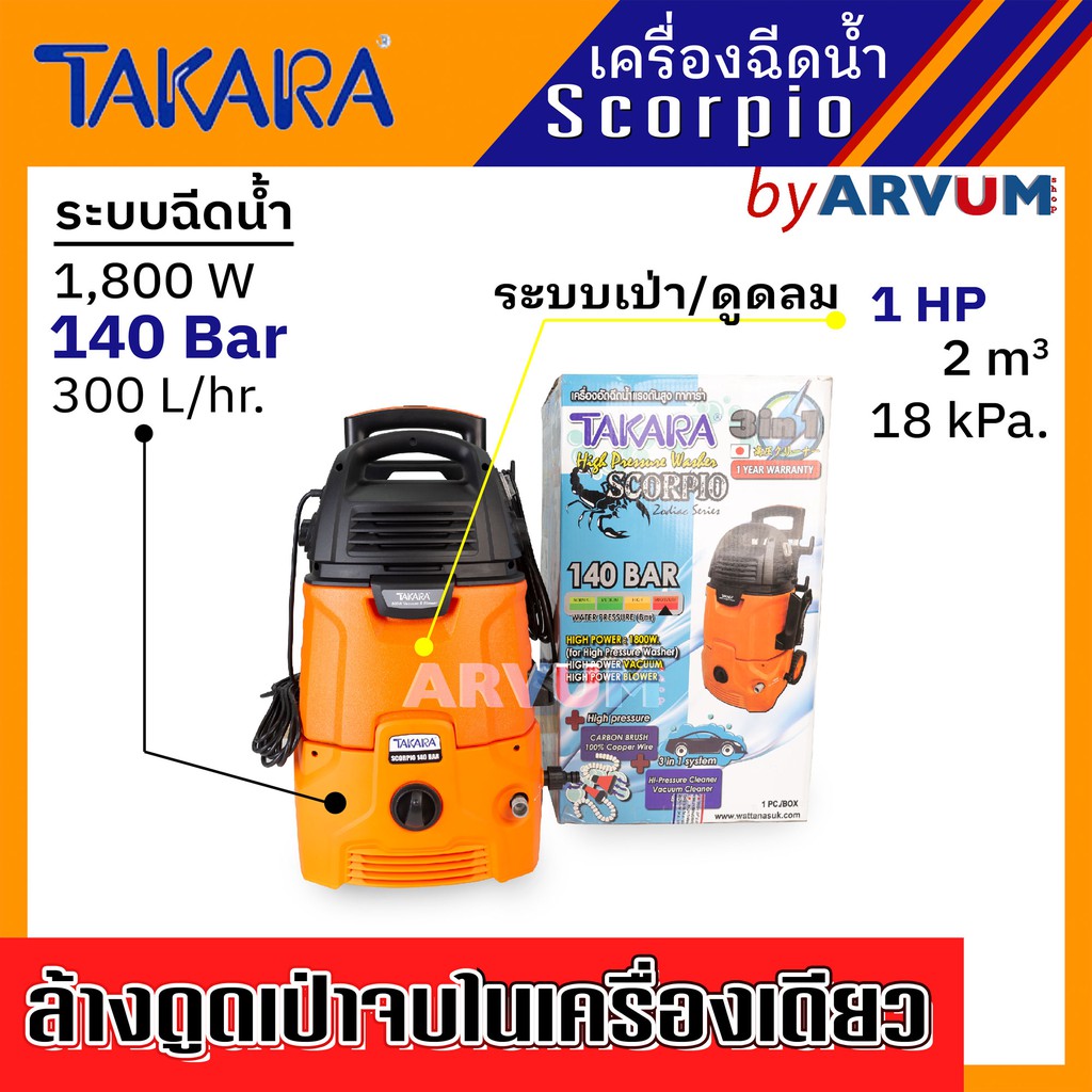 takara-เครื่องฉีดน้ำ-แรงดันสูง-พร้อม-เครื่องเป่าฝุ่น-ดูดฝุ่น-รุ่น-scorpio-รับประกัน-1-ปี