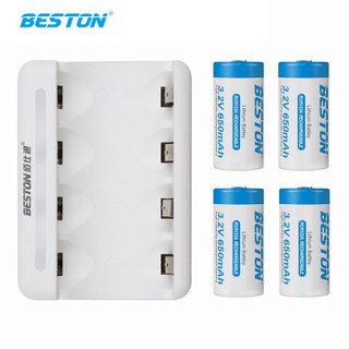 Beston ที่ชาร์จ + แบตเตอรี่ลิเธียมชาร์จได้ RCR123A 3.2V 650mAh 4 ก้อน