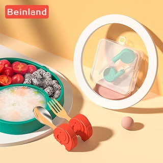 Beinland เด็กช้อนสแตนเลสภาชนะอาหารเย็นการ์ตูนทารกอาหารให้อาหารช้อนส้อมซิลิโคนชุดอาหารชุด