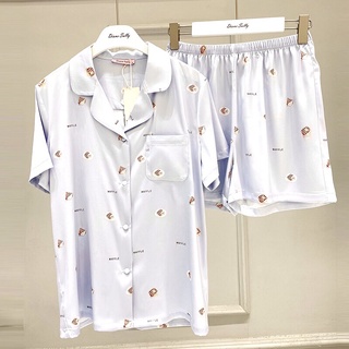 ชุดนอน Silk Satin✨Pancake Blue N124✨มี 3 สี ชุดนอนขาสั้น ชุดนอนลายน่ารัก ชุดนอนลายขนมปัง