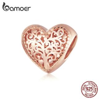 BAMOER Rose Gold Hollow Carved Design Heart Shape Life Tree Charm 925 Sterling Silver