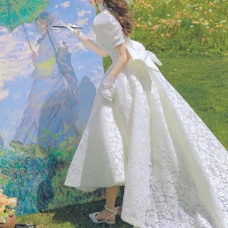 ใหม่ฝรั่งเศสแต่งงานย้อนยุคสไตล์เรียบง่ายแขนสั้นเจ้าสาวลงทะเบียนแต่งงานฮันนีมูนเดินทางชุดสีขาว