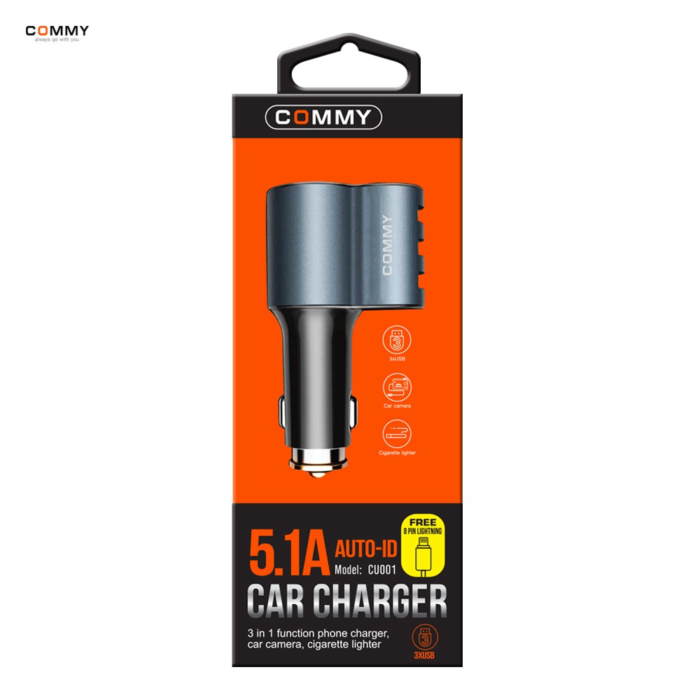 usb-car-charger-ccu-cu001-5-1-adual-usb-micro-แบบ-3-ช่อง-พร้อมทั้งมี-port-เชื่อมต่อสำหรับกล้องหน้ารถ-ยี่ห้อ-commyแท้ๆ