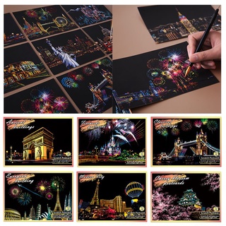 Night View Magic Scratch Art Painting Paper Kit w/ Bamboo Drawing Stick Kid Toy