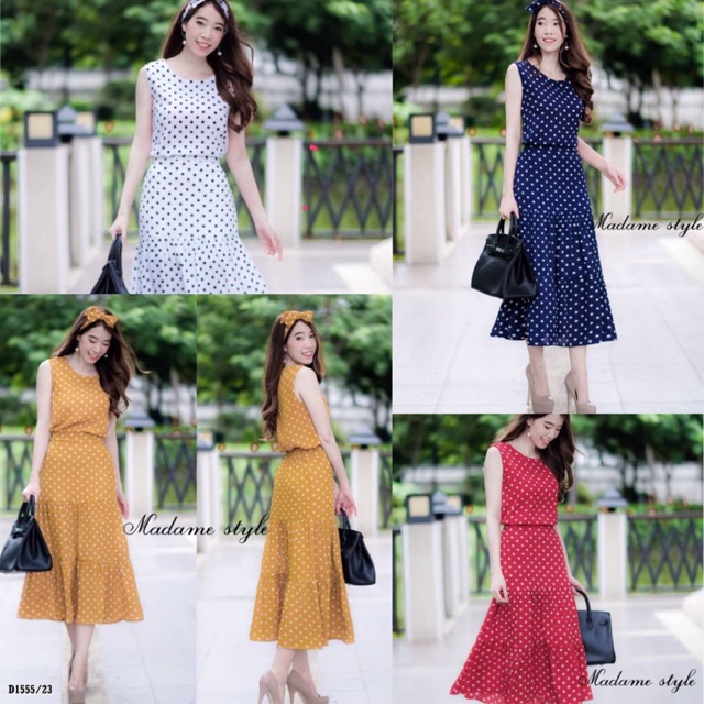 เซท-เสื้อแขนกุด-กระโปรงระบายลายจุด-แถมผ้าผูกผม