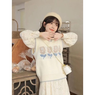 J9 พร้อมส่ง เสื้อกั๊ก ผ้าถัก ลายดอกไม้ เก๋ไก๋ สไตล์เกาหลี เรโทร เข้ากับทุกการแต่งกาย แฟชั่นฤดูใบไม้ร่วง สําหรับผู้หญิง 20222
