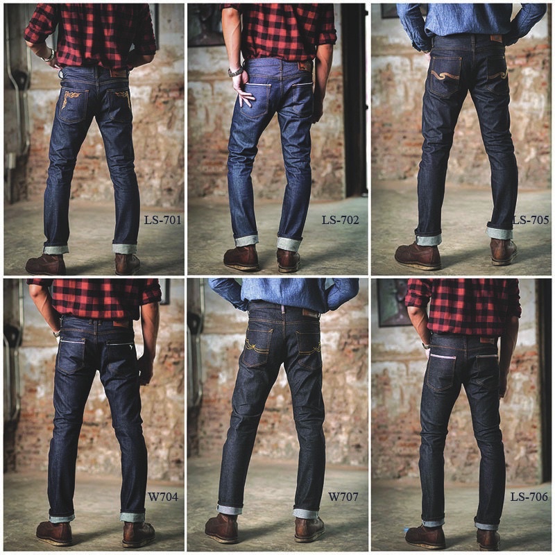 รูปภาพของกางเกงยีนส์ขายาวผู้ชาย ริมแดงแท้ 100% cotton ผ้าดิบ ทรงกระบอกเล็กเป้ากระดุมทรงสวยเข้ารูปลองเช็คราคา