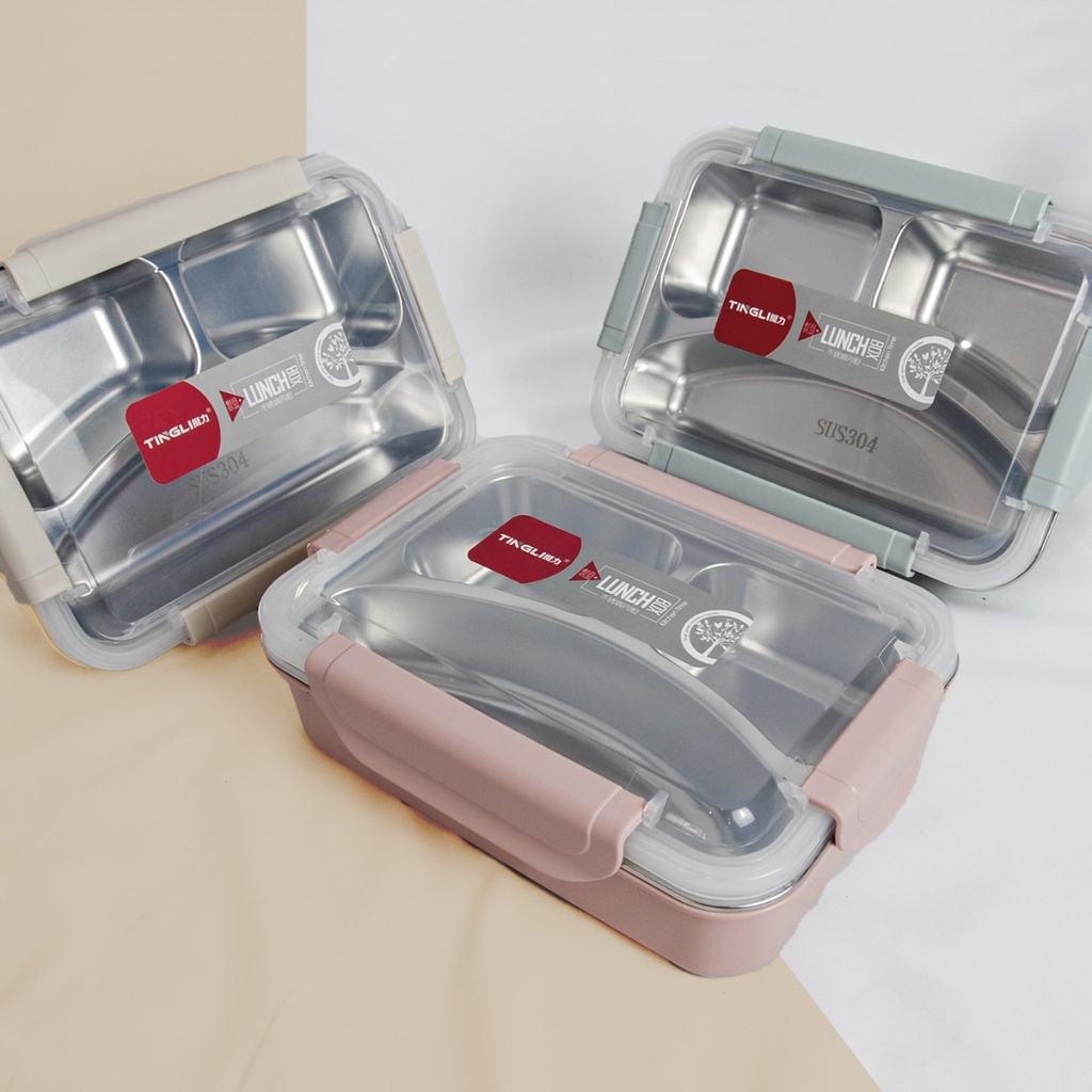 TINGLI อาหารกลางวันสแตนเลสสี่เหลี่ยม Bento 3 ช่อง/กล่องอาหารกลางวันสแตนเลส 640ml TL8156/ TL8153