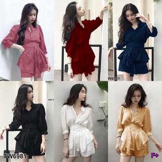 สินค้า TW6981 Set 2 ชิ้น เสื้อเชิ้ตคอเต่า แขนตุ๊กตาพองๆ+กางเกงขาสั้น