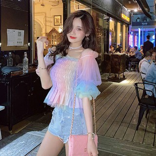 🔥เกาหลีขายร้อน เสื้อชีฟองสีรุ้งหวานสำหรับผู้หญิงฤดูร้อนปี 2021 ใหม่สไตล์เกาหลีสลิมมิ่งทรัมเป็ตแขนเสื้อเปิดไหล่ข้างเดียว