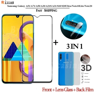 3-in-1 Tempered Glass Screen Protector For Samsung Galaxy A12 A02s Note 20 Ultra A11 M51 A71 A51 A50S A21S A31 S20 Ultra S10 Lite Note 10 Lite Camera Lens Film Clear Back Sticker BY