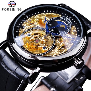 Forsining Fashion Black Golden Clock Blue Hands Design Mens Automatic Watches Black Genuine Leather Waterproof Transpare