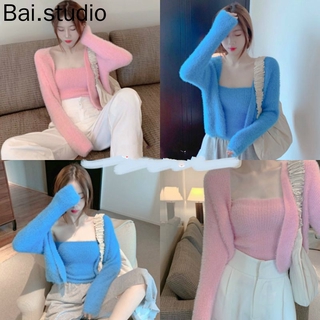 Bai.studio*พร้อมส่ง*ชุดเซท2ชิ้นเสื้อคลุมแขนยาวขนๆพร้อมสายเดี่ยวขนๆน่ารักมากๆ