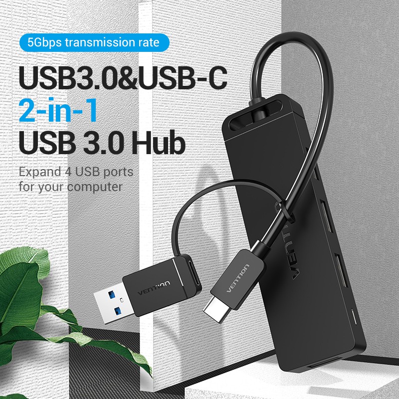 ภาพหน้าปกสินค้าVention ฮับ USB3.0 และ USB-C 2-in-1 เป็น 4 พอร์ต USB 3.0 ความเร็วสูง 5 Gbps Mirco-USB สําหรับคอมพิวเตอร์ แล็ปท็อป CHT CHL TGK จากร้าน vention.th บน Shopee